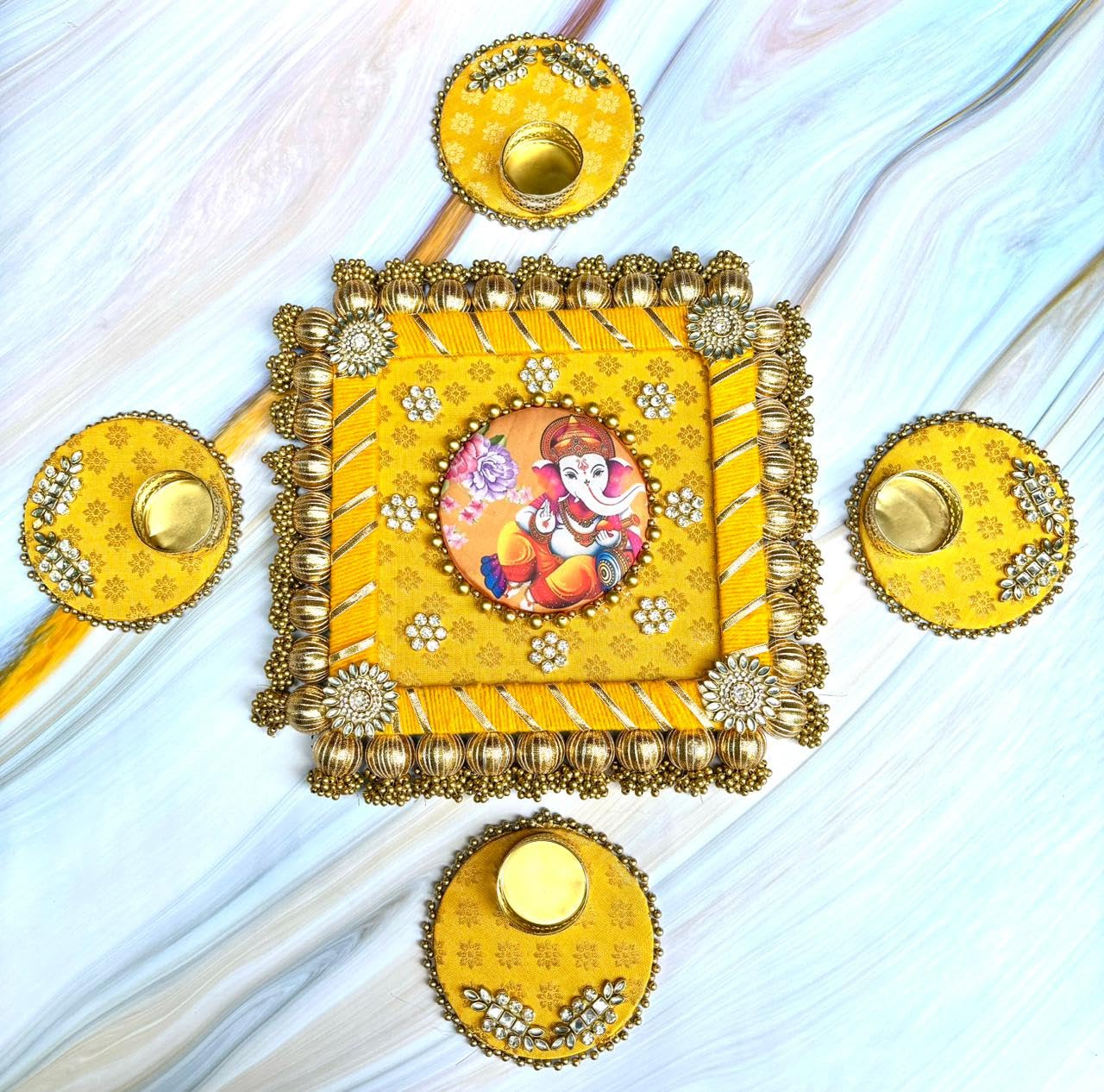 Yellow Ganesh Gotapatti Rangoli/Mat Set Tea Light Holder with 8 Wax Tea Lights